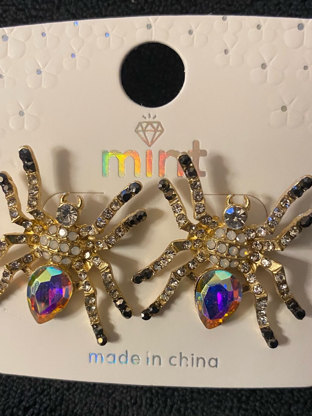 Mint Gold Spider Earrings with Iridescent Teardrop Stones